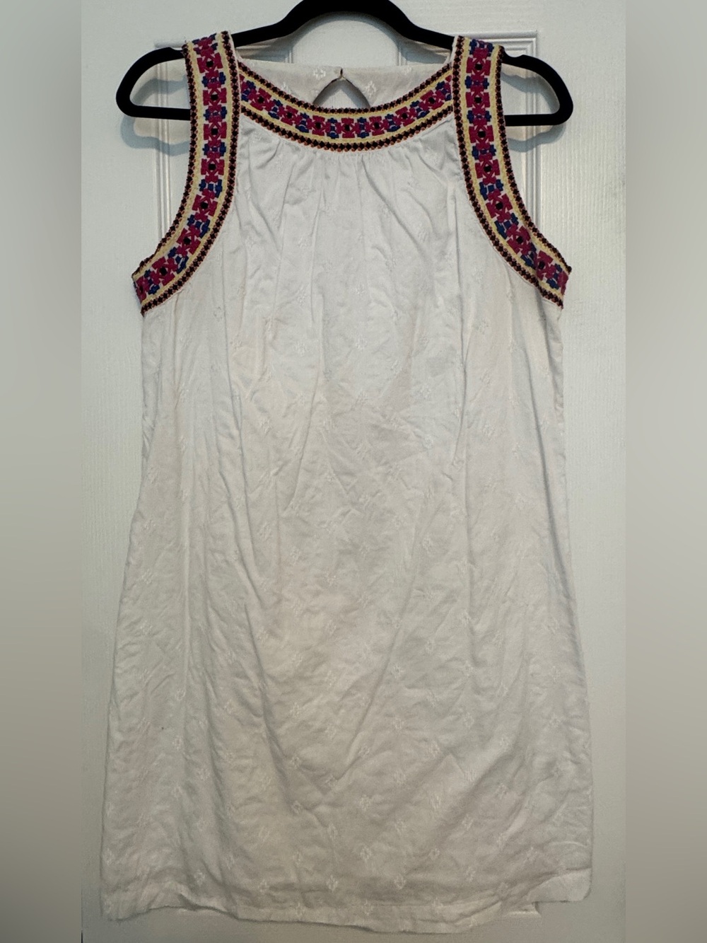 White Embroidered Sleeveless Lined Shift Dress w/ Pink & Blue Trim. 100% Cotton.